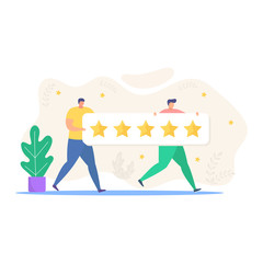 Review feedback vector illustration. Cartoon tiny people reviewing rating online in smartphone or computer app, active people reviewer customer character holding stars icons isolated on white