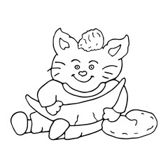 Cute little fluffy cat in pajamas smiles and holds crescent moon. Kind cartoon character kitten. Hand drawn vector illustration. Best design for kids room, postcard, t-shirt, cup. Coloring page.