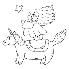 Little beautiful princess dreamer in dress reaches for star, standing on back of unicorn. World of baby sleep. Magic horse. Hand drawn vector illustration. Best design for kids room. Coloring page.