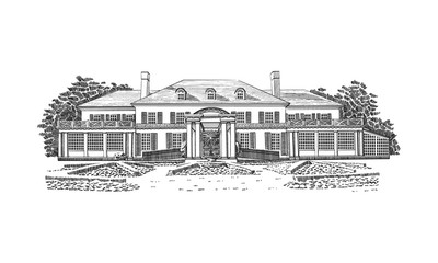 Vector illustration with Georgian style mansion, country estate. Historic Building with Hipped-roof Colonial Revival, with third-story dormers. In front of the house - beautiful formal gardens. - obrazy, fototapety, plakaty