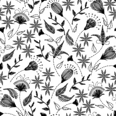 Floral embroidery seamless pattern. Sketch hand drawn botanical motifs. Doodle line, dash garden flowers, leaves, branches. Monochrome vector texture. Fashion, fabric, print. Retro, ethic modern style