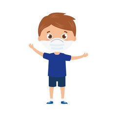 cute boy using face mask with hands up celebrating vector illustration design
