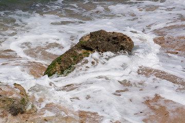 Blue sea wave, white foam, golden sand beach, turquoise ocean water close up, summer holidays border frame concept, tropical island vacation backdrop, tourist travel banner design template, copy space