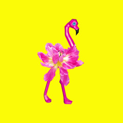 Fototapeta premium Contemporary collage. Pink flamingo with a flower on a yellow background. Concept abstraction, art, fashion.