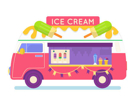 Street food truck set vector illustration. Cartoon flat van selling Chinese streetfood or pizza kebab in market, ice cream, coffee cocktail drink, vegan fastfood trucking icons isolated on white