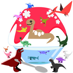 Colorful Dinosaurs and shaved ice Kakigoori red strawberry peach 