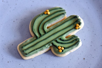 Cactus shaped sugar cookie with green and gold icing isolated on plate
