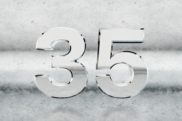 Chrome 3d number 35. Glossy chrome number on scratched metal background. 3d render.