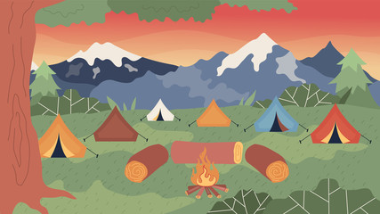 Concept Of Camping. Beautiful View Of Mountain Landscape With Camping. Tents, Campfire With Logs Around For Sitting. Exciting View Of Nature In The Evening. Cartoon Flat Style. Vector Illustration