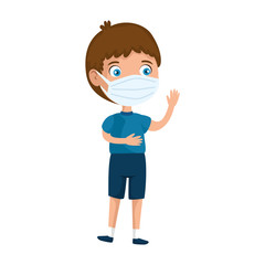 cute boy using face mask waving isolated icon vector illustration design