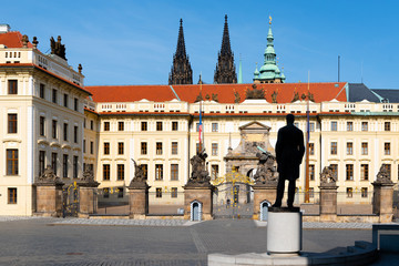 Hradcany square with entrance gate to Prague Castle and statue of Tomas Garrigue Masaryk - the first President of Czechoslovakia, Praha, Czech Republic