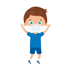 cute boy using face mask with hands up celebrating vector illustration design