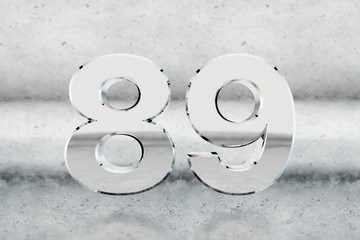Chrome 3d number 89. Glossy chrome number on scratched metal background. 3d render.