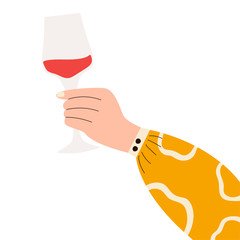 Female hand holding glass of red wine. Woman holding wine glass. Trendy clothes. Concept of drinking alcohol. Side view. Sleeve with memphis pattern. Flat vector illustration