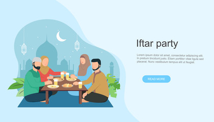 Islamic family Iftar eating After Fasting. Family dinner on Ramadan Kareem or celebrating Eid mubarak.  landing page or hero image templates, banners, poeter and social media.