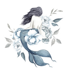 Watercolor illustration with Mermaid and elegant flowers, isolated on white background