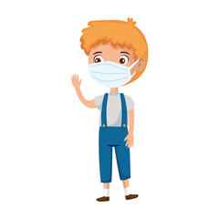 cute boy using face mask waving isolated icon vector illustration design