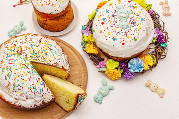 Easter cakes on white putty background. Traditional Orthodox festive bread