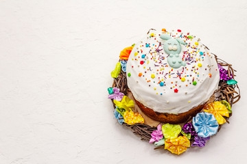 Easter cake on white putty background. Traditional Orthodox festive bread