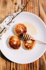 Delicious three cottage cheese pancakes with honey lying on the white plate with the branch of a flowering tree on the wooden table background. Curd cheese fritters.