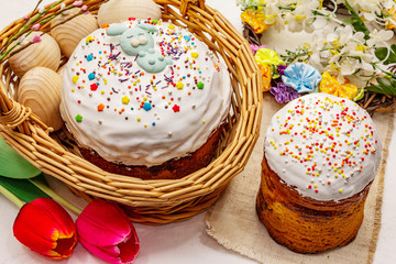 Easter cakes on white putty background. Traditional Orthodox festive bread