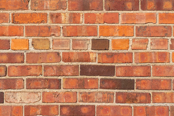 Rustic red color antique clay brick wall texture background with a shabby chic appearance.