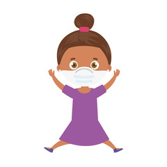 cute girl afro using face mask with hands up isolated icon vector illustration design