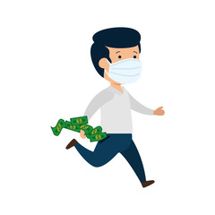 businessman running using face mask with bills cash vector illustration design