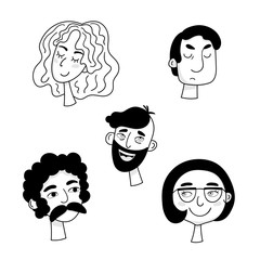 Set of cartoon faces of people with different emotions. Black and white vector characters.