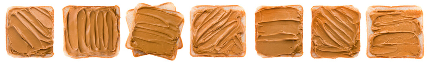 Breakfast set, peanut butter toasts on a white