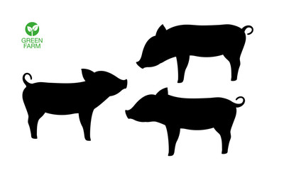 Farm Animal Pig. Funny Piggy. Little Piglet. Vector Icon Silhouette Set.
