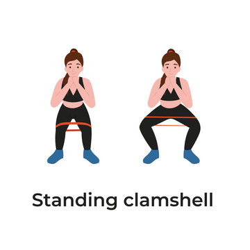 Booty or glutes workout with resistance bands. Standing clamshell. Stay home and do sport. Flat vector cartoon modern illustration.