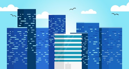 Skyscrapers, business buildings in the city center. Big business towers, buildings. Birds flying over the towers clouds and sky. Isolated flat vector on background.