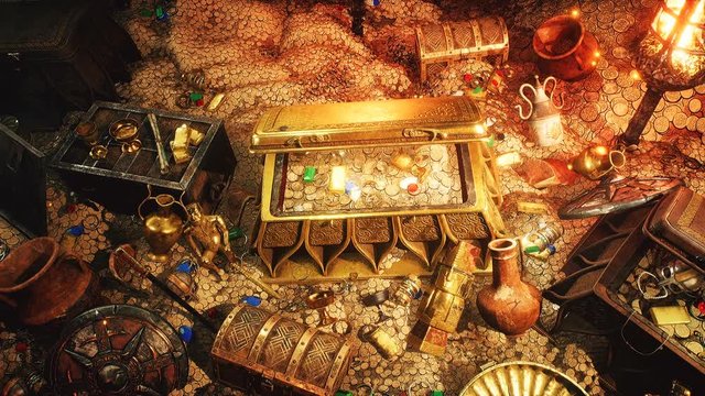 Treasures and jewels in a deserted cave. Coins, diamonds, and gold treasures. A lot of jewelry, gold statuettes, emeralds, bracelets and chests.