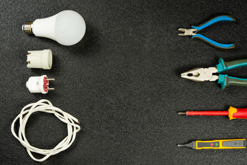 Electrician tool with copy space. Top view. Flat lay