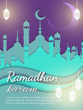Ramadan kareem (means generous) banner for brochure, poster, flyer design and greeting card. Download Ramadan design vector with mosque and lampion illustration.