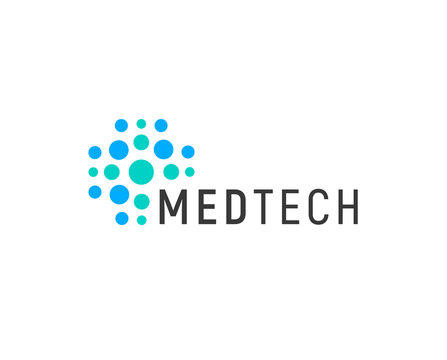 Medical technology logo concept, abstract blue dotted cross, vector illustration