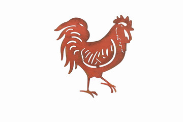 A red stencil rooster on a white background.