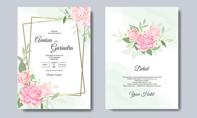 Elegant wedding invitation card with beautiful flower and leaves premium vector