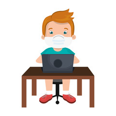 boy using face mask with laptop studying online vector illustration design