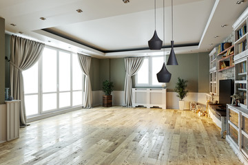 empty interior design living room. balcony with large windows. Scandinavian style. TV unit and library. 3D illustration