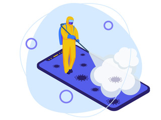 Disinfectant worker wear protective mask and suit sprays coronavirus or covid-19 processes the smartphone with a disinfectant. Vector, flat cartoon. Concept prevention, pandemic, hygiene, health