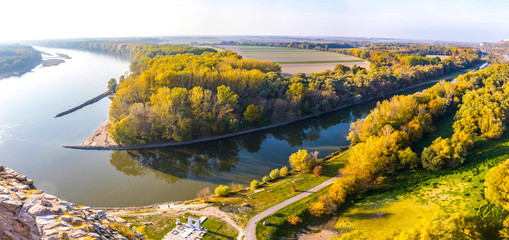 Panoramic scenery view of Danube and Morava rivers. Confluence of two rivers. View from Devin...