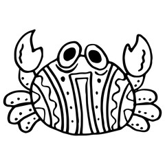 Black line crab on white isolated backdrop. outline crab for invitation and gift card, tattoo parlor or seafood store logo, bath tile. Phone case or cloth print. Doodle style stock vector illustration