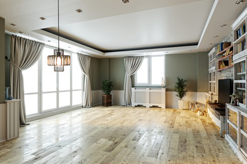 empty interior design living room. balcony with large windows. Scandinavian style. TV unit and library. 3D illustration