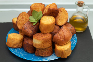 Fried bread to make French toast on blue plate