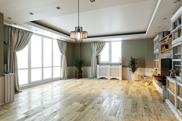 empty interior design living room. balcony with large windows. Scandinavian style. TV unit and library. 3D illustration