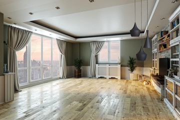 empty interior design living room. balcony with large windows. Scandinavian style. TV unit and library. 3D illustration