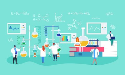 Innovate laboratory research, vaccine formulation vector illustration. Medical scientists conducting chemical experiment creating medicine. Cones with reagents, liquid, connecting tubes.