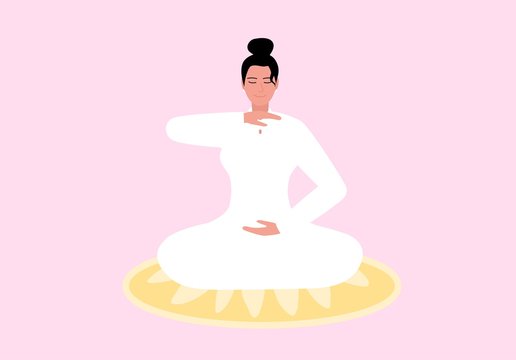 The girl in the lotus position is engaged in spiritual practices. Cozy meditation, vector illustration. A woman practices yoga. Wellness activities. Work on yourself.